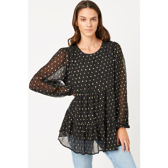 HAYDEN Goldie Misses Black Gold Metallic Dot Baby Tiered Tunic Top Medium - Picture 2 of 5